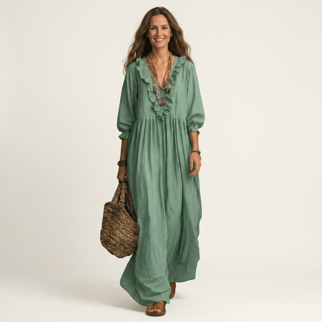 Yosetta | Robe longue rayée à manches lanternes et col en V à volants