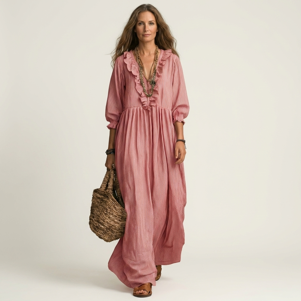 Yosetta | Robe longue rayée à manches lanternes et col en V à volants