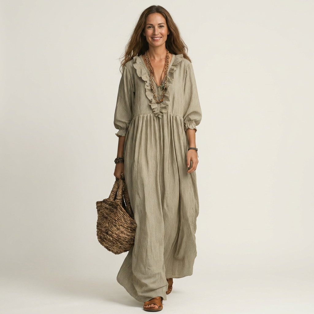 Yosetta | Robe longue rayée à manches lanternes et col en V à volants