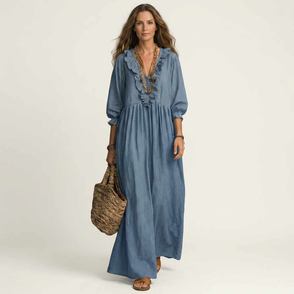Yosetta | Robe longue rayée à manches lanternes et col en V à volants