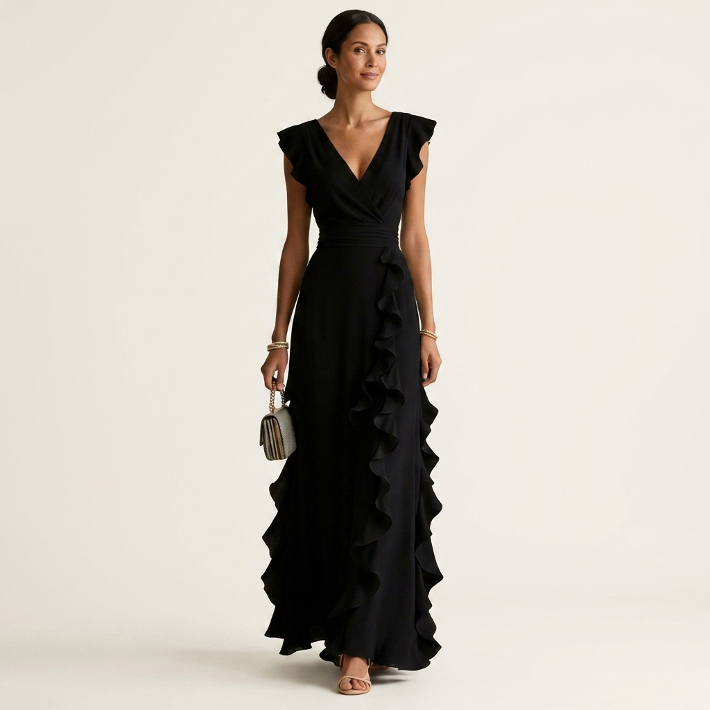 Nellyana | Robe longue cache-cœur à col en V, manches volantées et volants en cascade