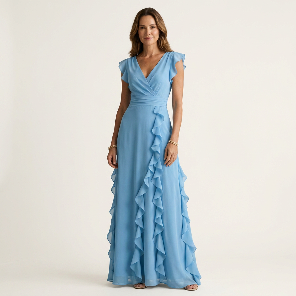 Nellyana | Robe longue cache-cœur à col en V, manches volantées et volants en cascade