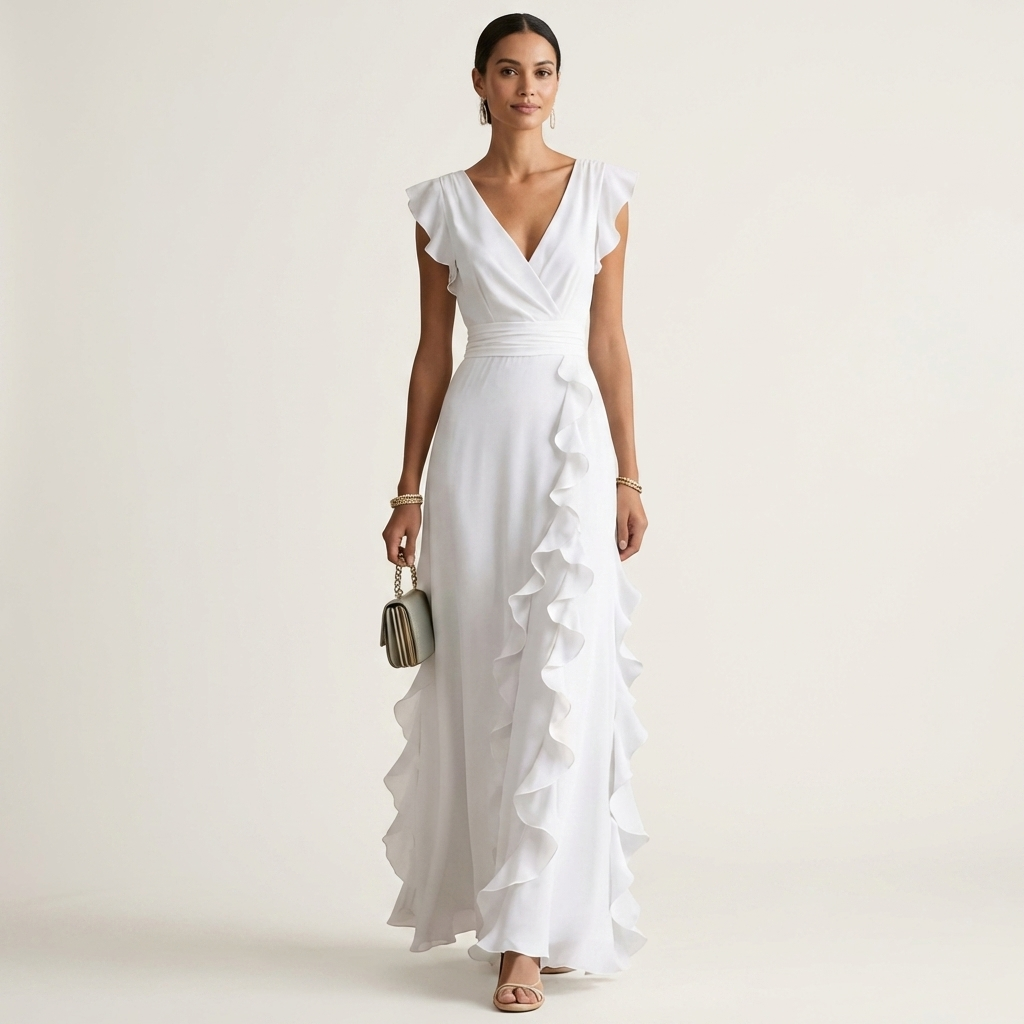 Nellyana | Robe longue cache-cœur à col en V, manches volantées et volants en cascade