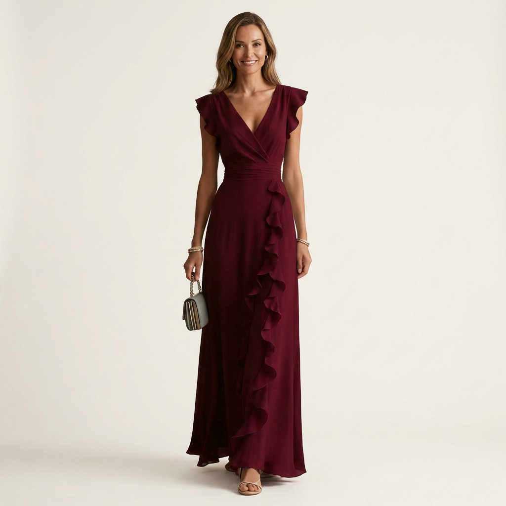 Nellyana | Robe longue cache-cœur à col en V, manches volantées et volants en cascade