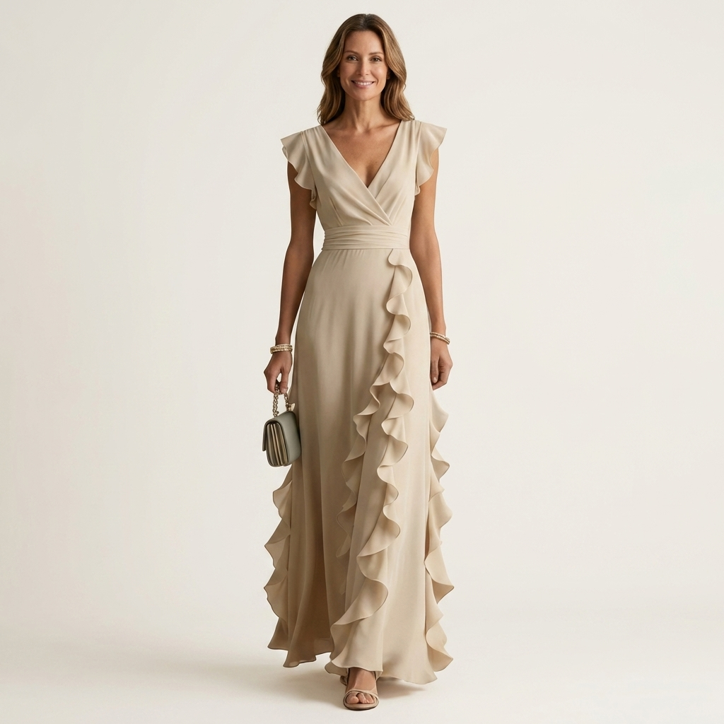 Nellyana | Robe longue cache-cœur à col en V, manches volantées et volants en cascade
