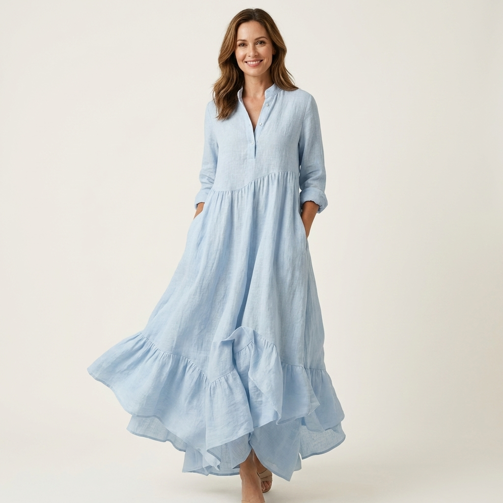 Jilana | Robe longue à col montant, boutonnée devant et à ourlet volanté