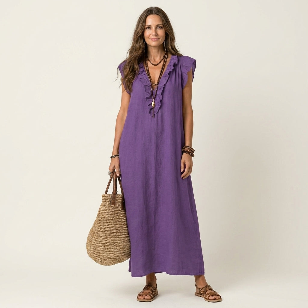 Josette | Robe longue à col en V et volants