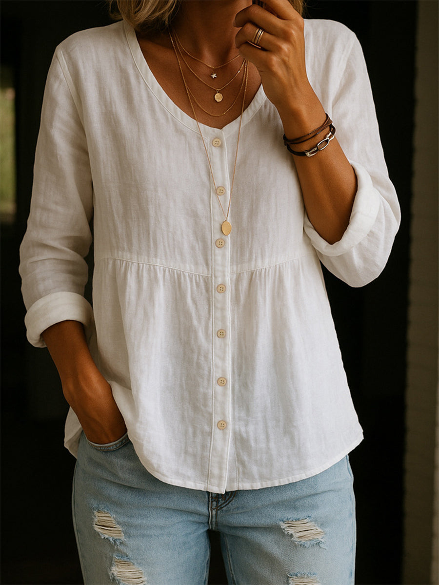 Comfortable Solid Button-Front Relaxed Blouse